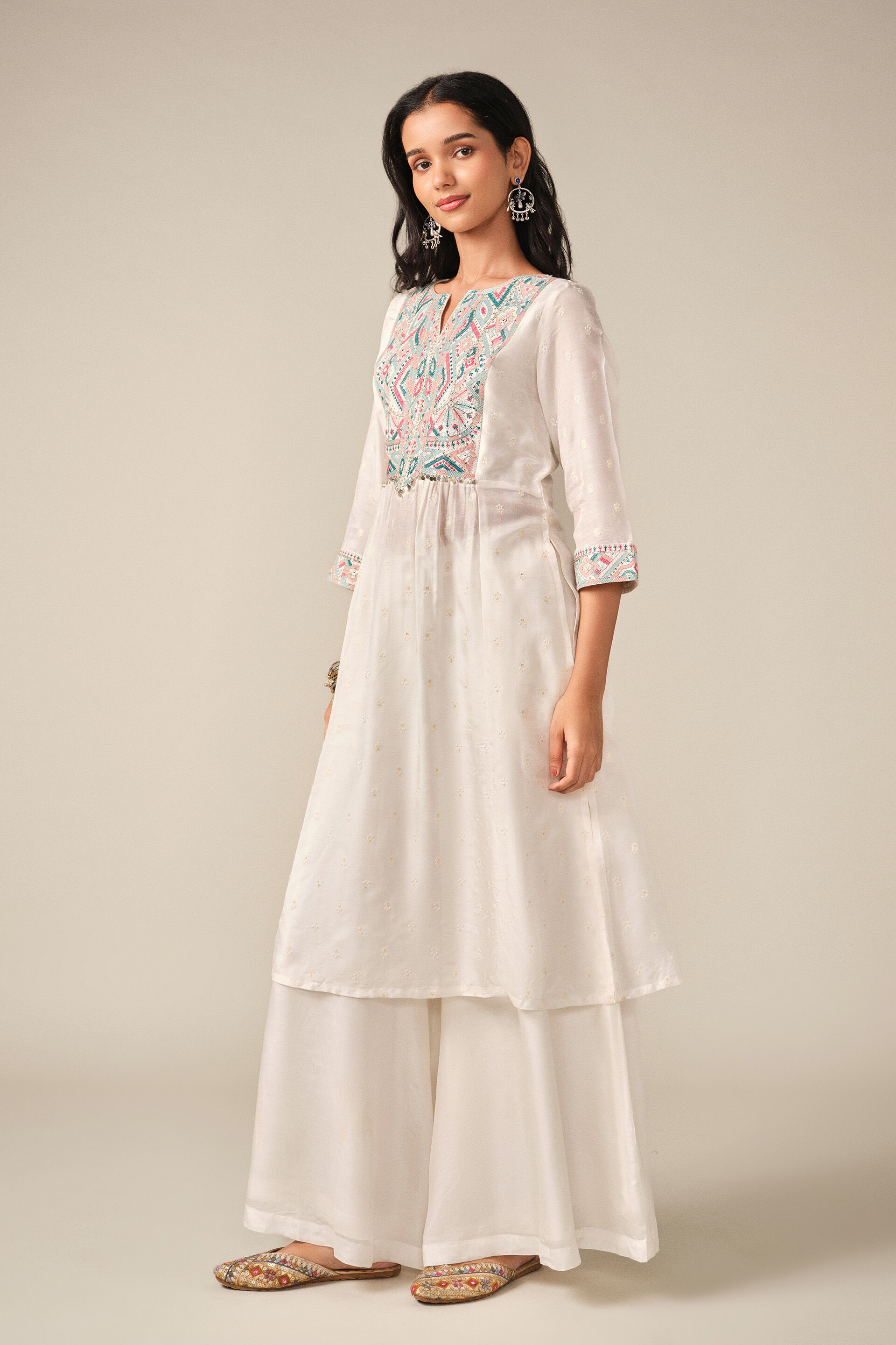 Embroidered Kurta Set in White, White, image 4
